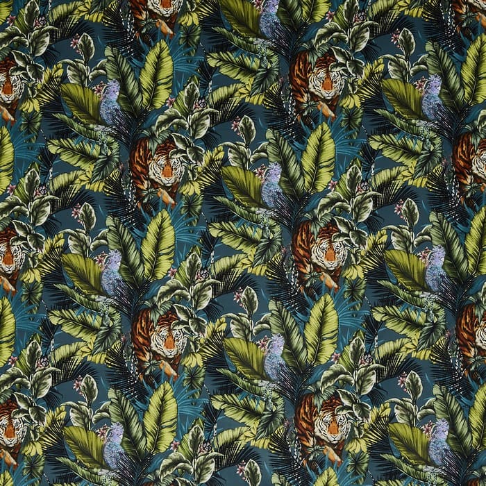 Tigers in the jungle-patterned fabric
